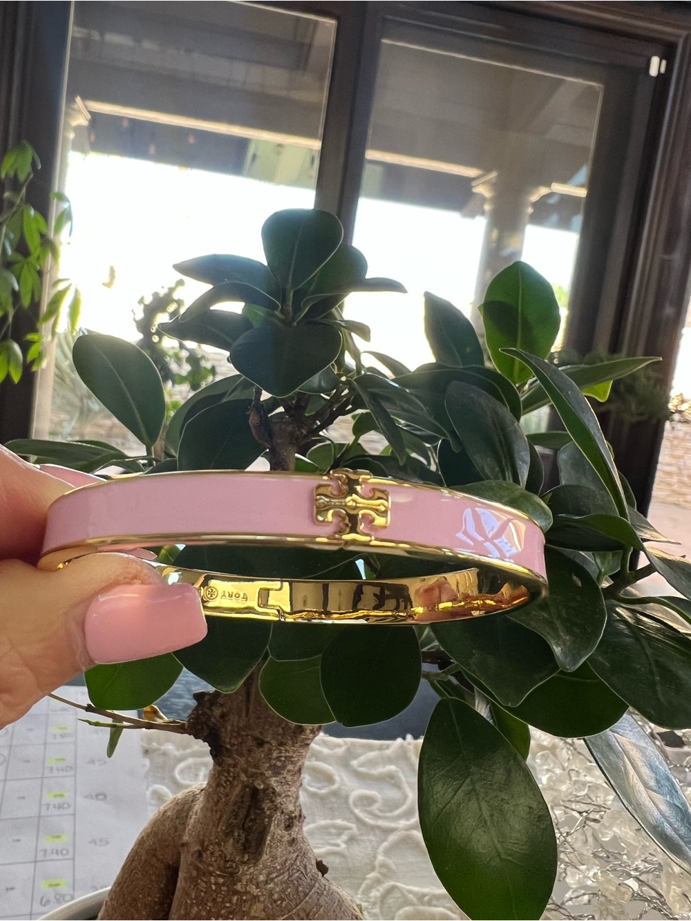 Tory Burch Pink Enamel Gold Logo Hinge Bracelet